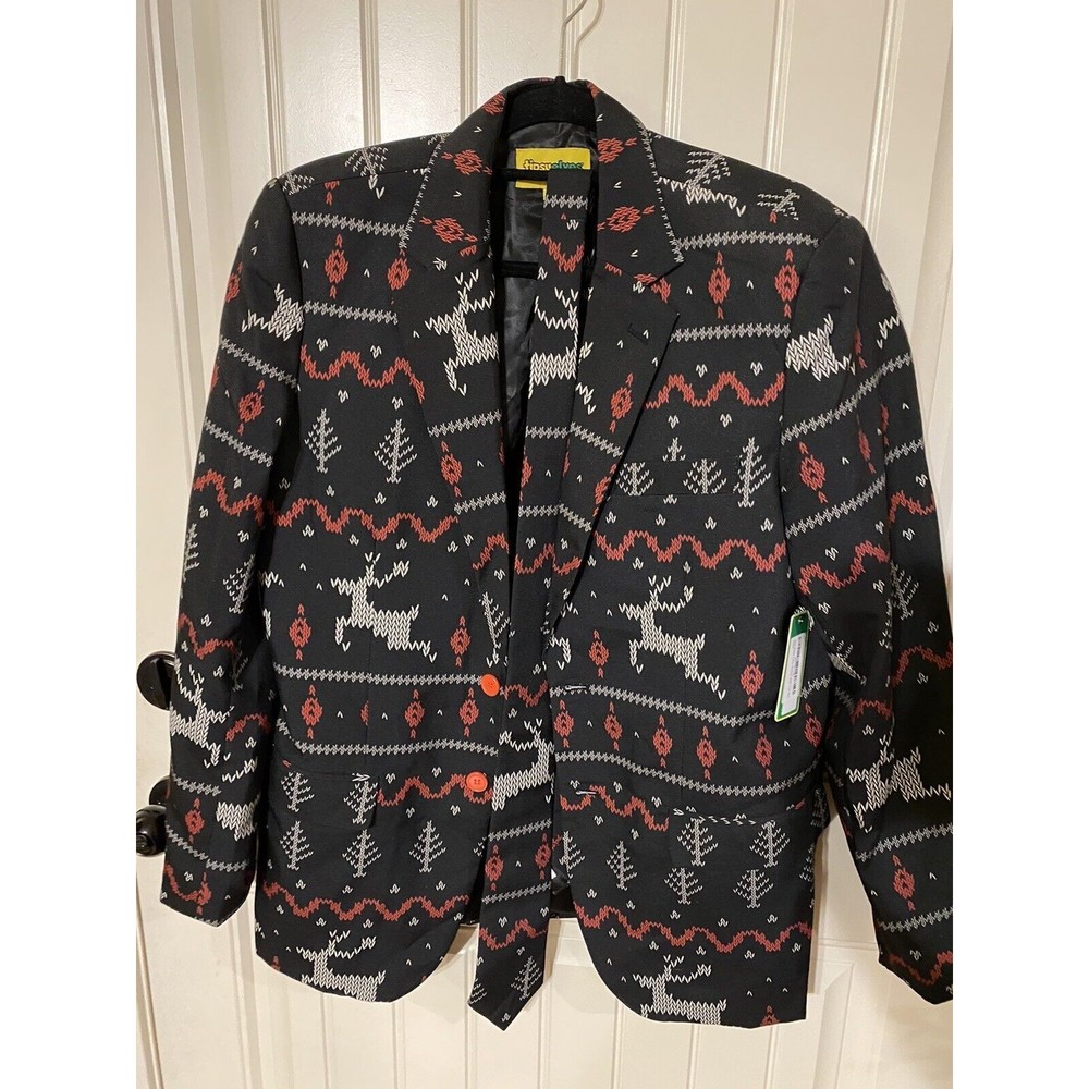 TIPSY ELVES Men's The Rage‎ Deer Christmas Blazer With Tie Set Sz 42J Black